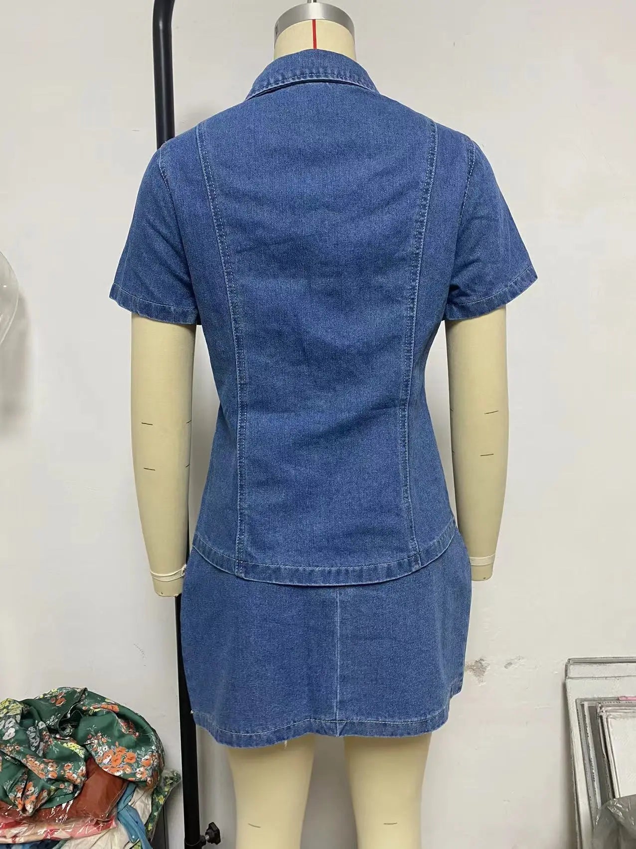 Vintage Denim Women's Set Half Sleeve Shirt Blouse and A-line Midi Mini Skirts Suit 2025 Summer Two 2 Piece Sets Outfits