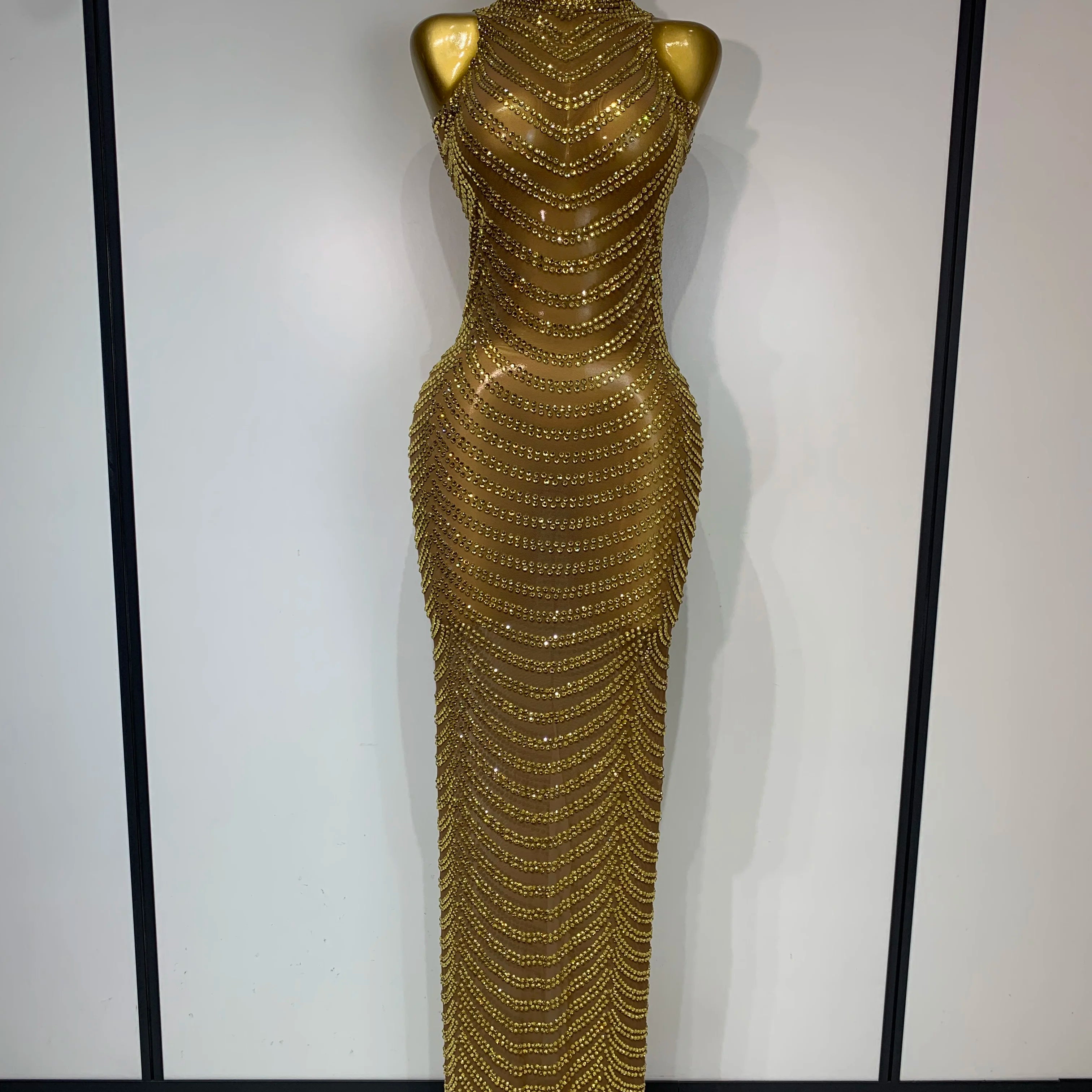 Women Sexy Sparkly Rhinestone Gold Maxi Dress Mesh See Through Evening Party Singer Stage Perform Costume Luxury Birthday Gown Gold