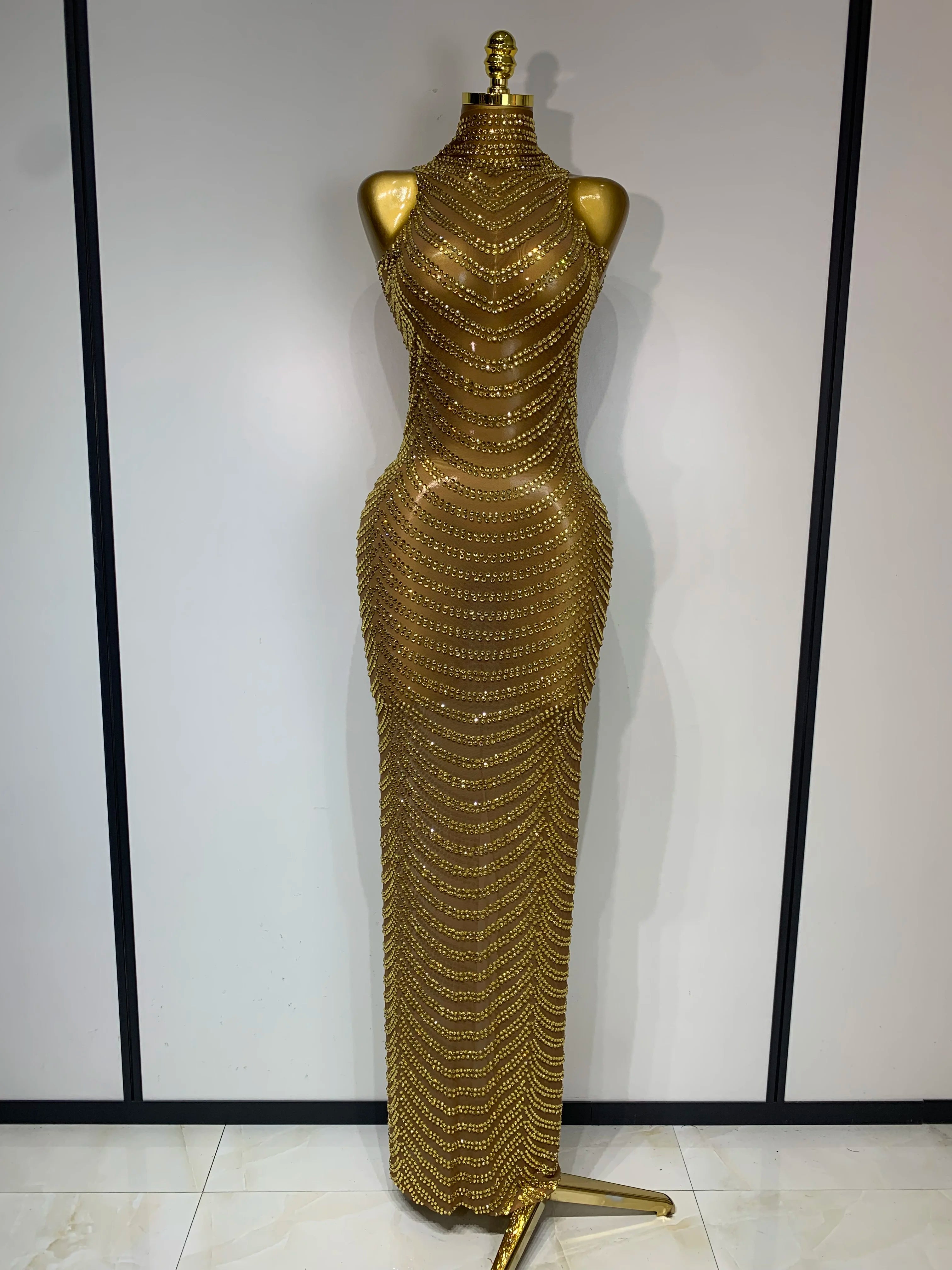 Women Sexy Sparkly Rhinestone Gold Maxi Dress Mesh See Through Evening Party Singer Stage Perform Costume Luxury Birthday Gown Gold