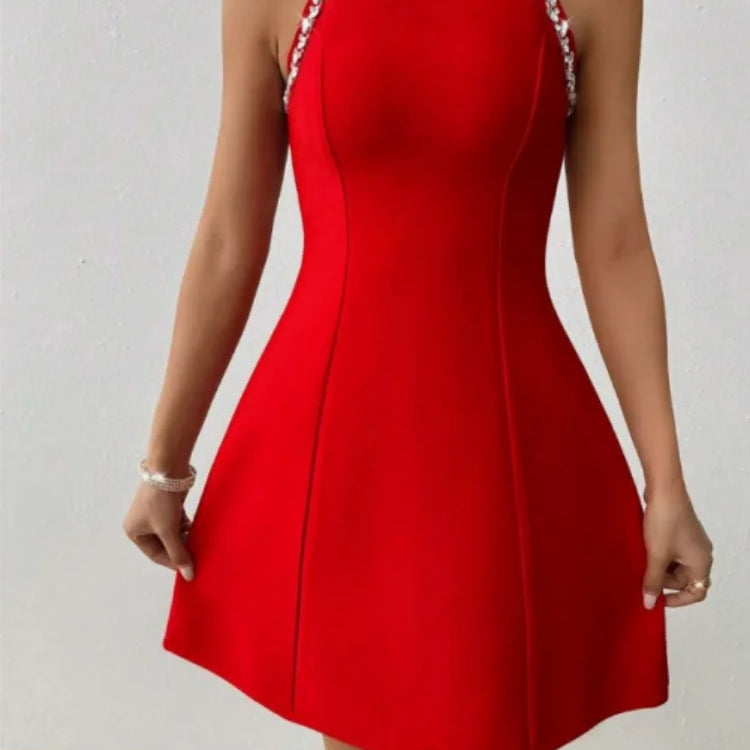 Black Red Color Women Sleeveless Sexy Off the Shoulder A-Line Mini Bandage Dress Diamond Fashion Birthday Party Outfit