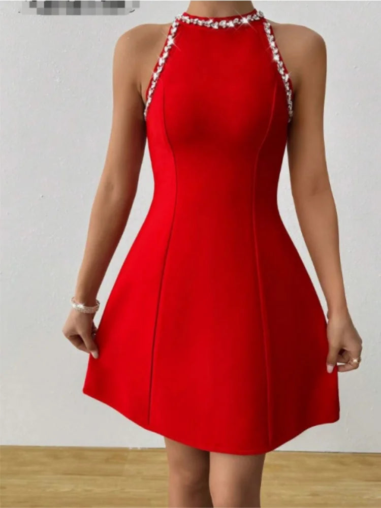 Black Red Color Women Sleeveless Sexy Off the Shoulder A-Line Mini Bandage Dress Diamond Fashion Birthday Party Outfit