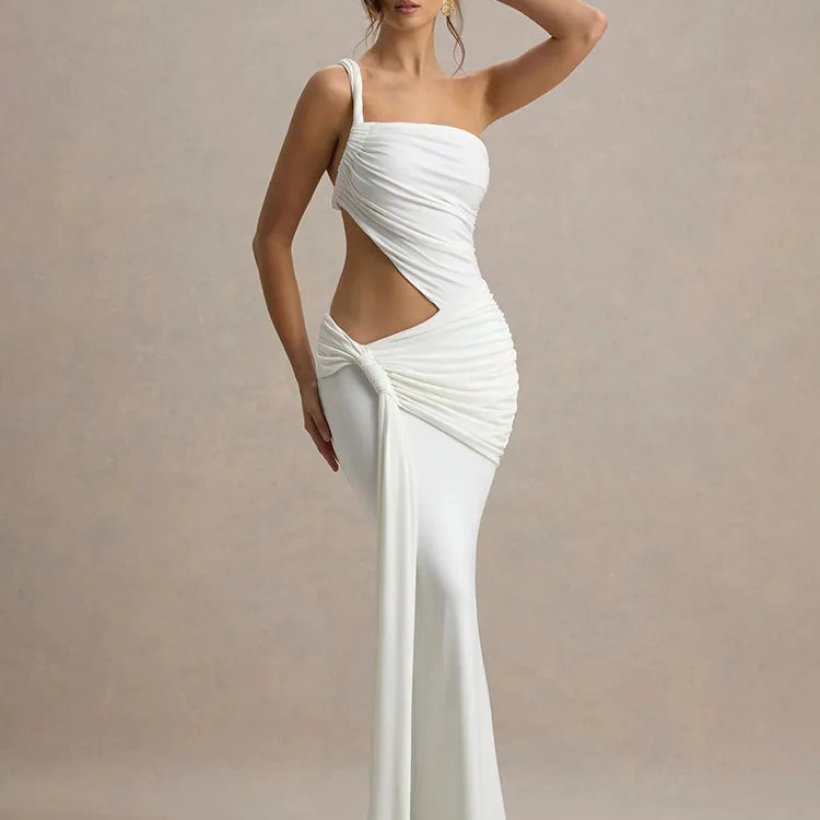 Mozision Irregular Ruched Sexy Maxi Dress For Women Gown Hollow Out One Shoulder Sleevelessdraped Bodycon Club Party Long Dress White