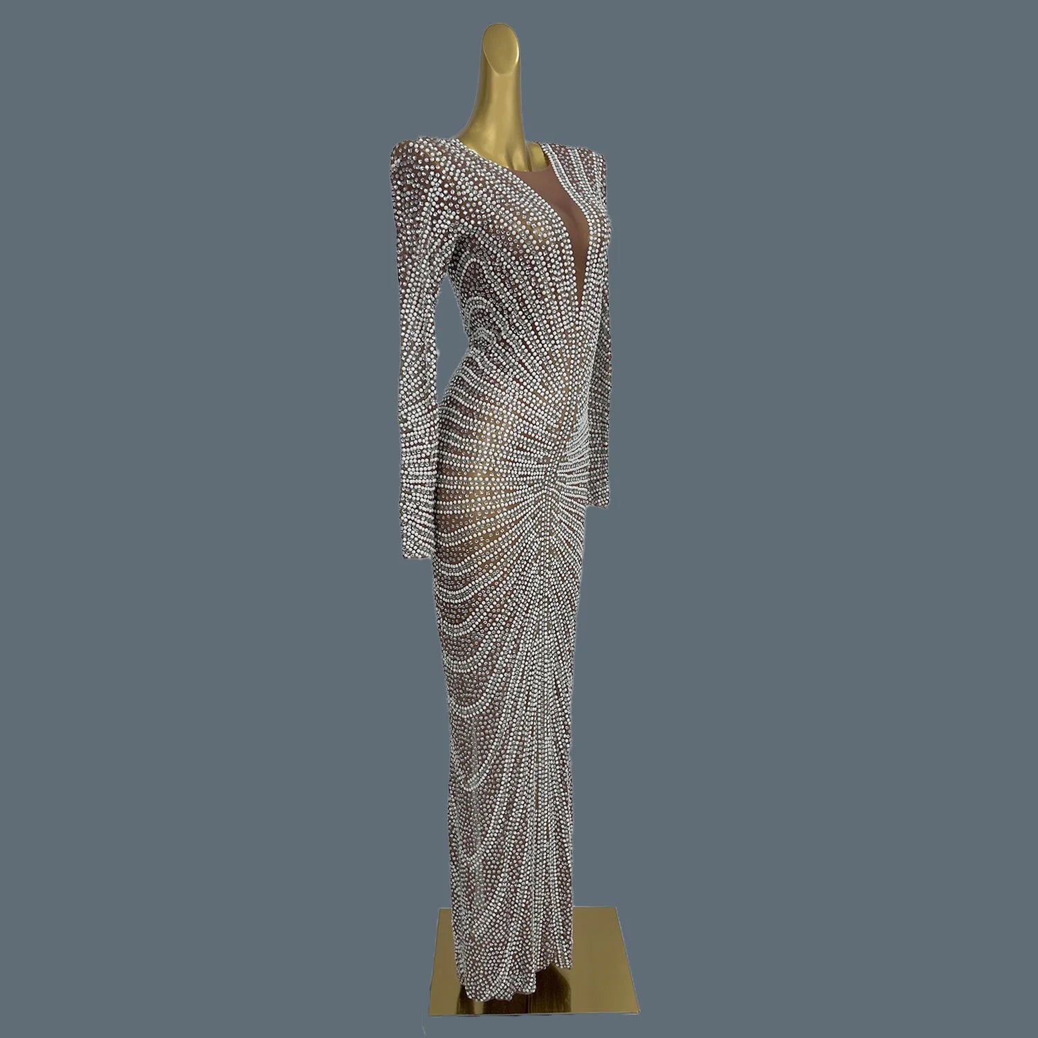 Glitter Cocktail Maxi Dress Women Lxury Pearl Diamonds Prom Gowns Celebrity Evening Party Elegant Frock Singer Costume Tanhaung