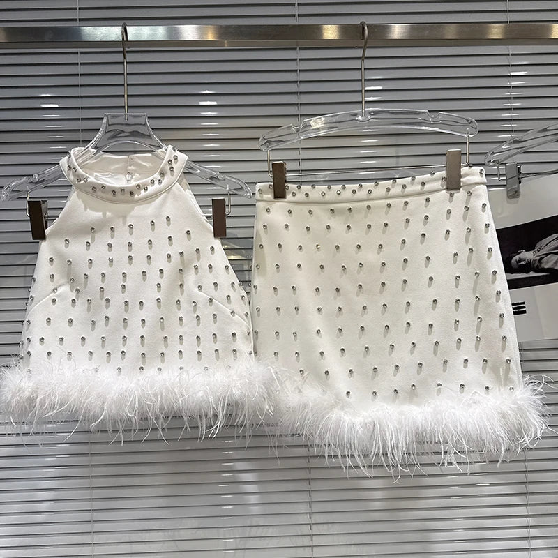 Winter New Fashion Rhinestone Feather Edge Halter Vest For Women Wrapped Hip A-line Skirt Female Trend 11A07864