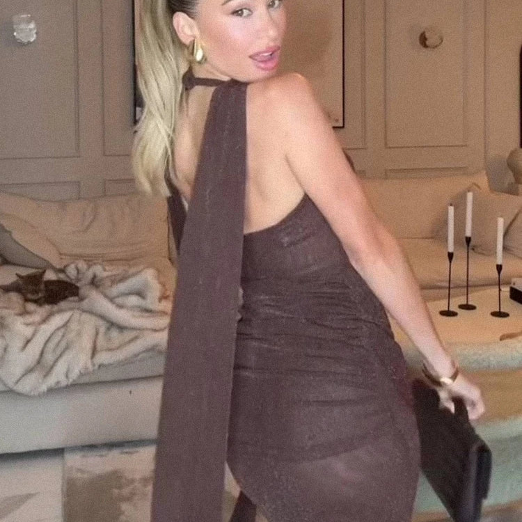 Sleek Modern Brown Halter Backless Maxi Dress with Waist Tie Drape Details for Party Evening Gown