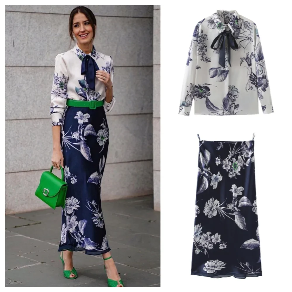 UNIZERA Spring New Fashion Bow Decoration Printed Shirt+High Waist Versatile Long Skirt Spliced with Silk Texture Skirt