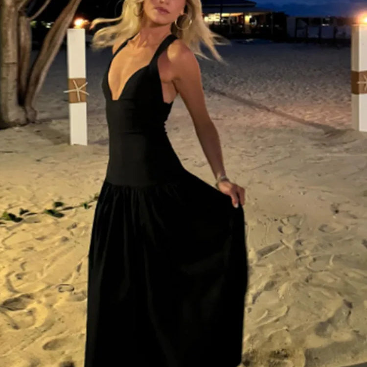 Elegant Lady Contrast Hollow Out Slim Long Dress Fashion Sleeveless Bodycon Maxi Robes Summer 2025 Party Vacation Women Dresses black