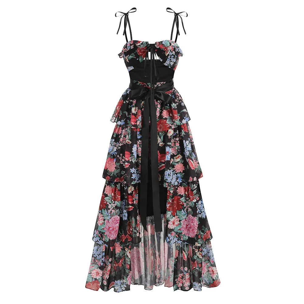 Women Sleeveless Sexy Strap Flowers Print Ruffles Loose Long Maxi Dress Evening Party Celebrate Birthday Vacation Outfit