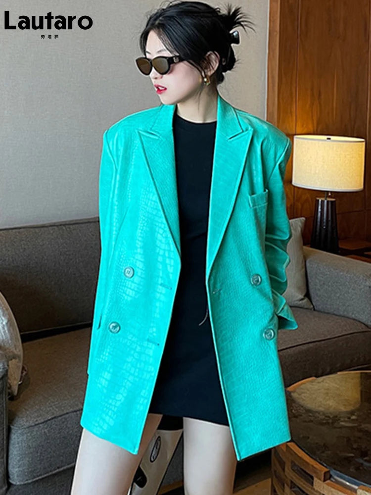LautaroSpring Autumn Loose Casual Crocodile Print Faux Leather Blazer Jacket for Women Double Breasted Luxury Korean Fashion