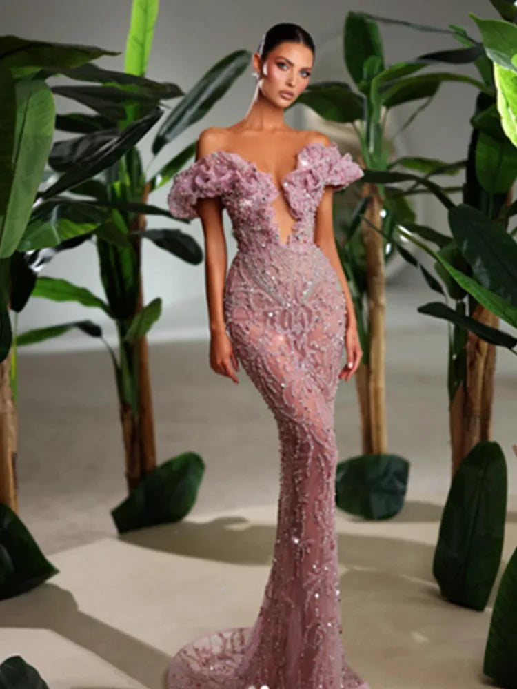 New Luxury Sexy Off Shoulder Ruffles Pink Mesh Sequins Maxi Long Women Celebrity Dress 2024 Elegant Party Evening Club Vestido Pink