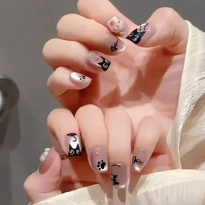 24Pcs Solid Black Short False Nails with Rose Pattern Design Ballerina Square Artificial Full Cover Press on Nail Tips for Girls 13