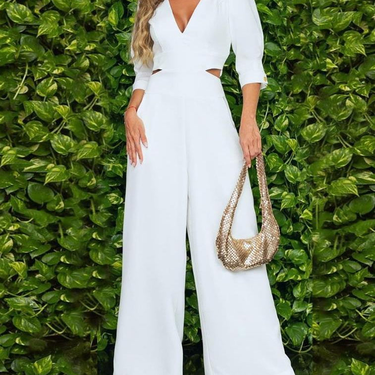 Women's Pants 2024 Spring Summer Woman Jumpsuit New Fashion Loose Short Sleeved V-neck Solid Wide Leg Jumpsuit Clothes for Women White