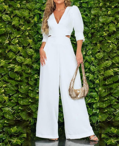 Women's Pants 2023 Spring Summer Woman Jumpsuit New Fashion Loose Short Sleeved V-neck Solid Wide Leg Jumpsuit Clothes for Women