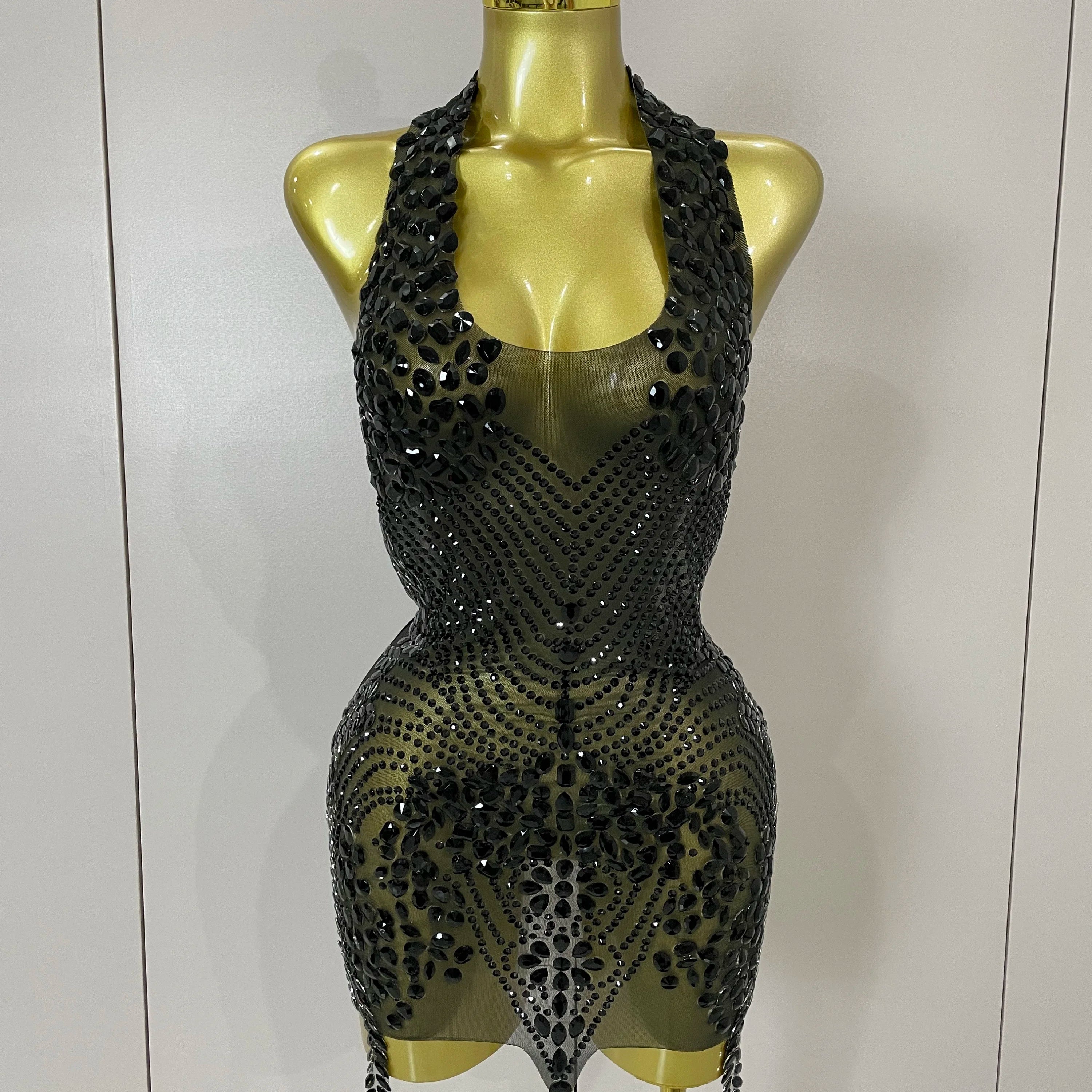 2025 New Sexy Sparkly Rhinestones Halter Backless Mesh Velour Short Dress Women Evening Prom Celebrate Birthday Party Stage Wear black