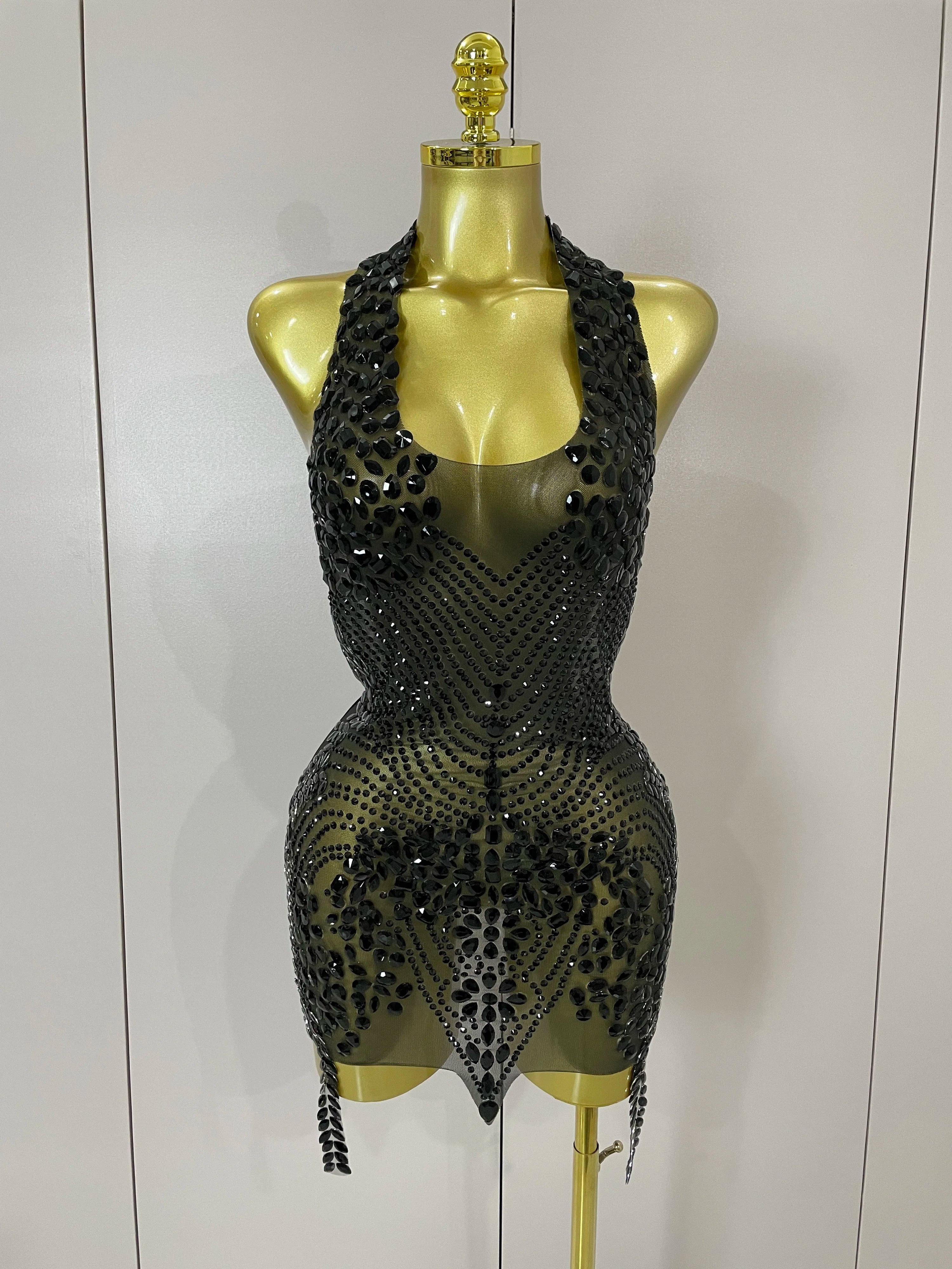 2025 New Sexy Sparkly Rhinestones Halter Backless Mesh Velour Short Dress Women Evening Prom Celebrate Birthday Party Stage Wear black