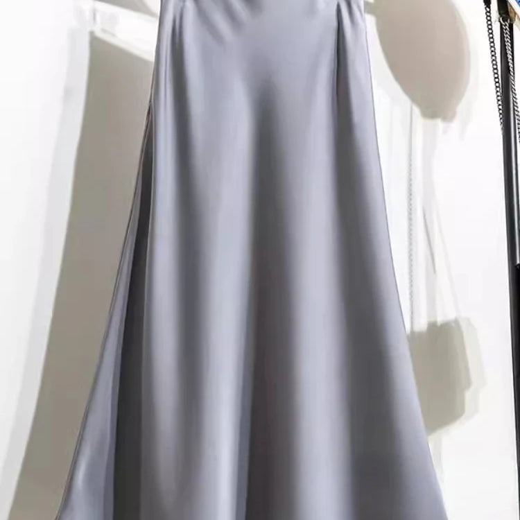 Acetic Satin Fishtail Skirt Woman Korean Fashion Elastic High Waist Skirts for Women Spring/summer New Slim Long Dresses gray