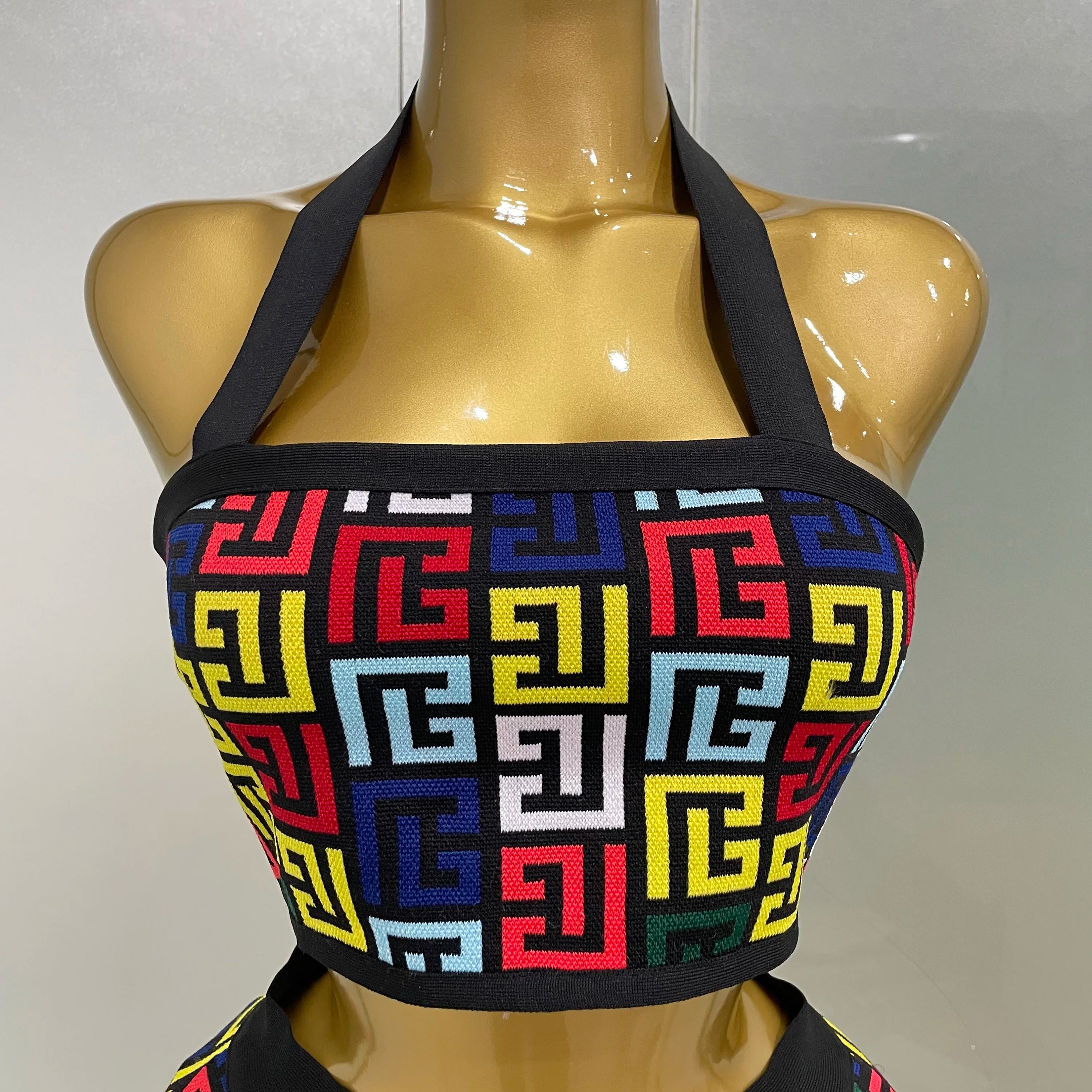 Women 2025 New Sexy Backless Halter Jacquard Two Piece Mini Skirt Bandage Set Celebrity Designer Evening Party Women's Set