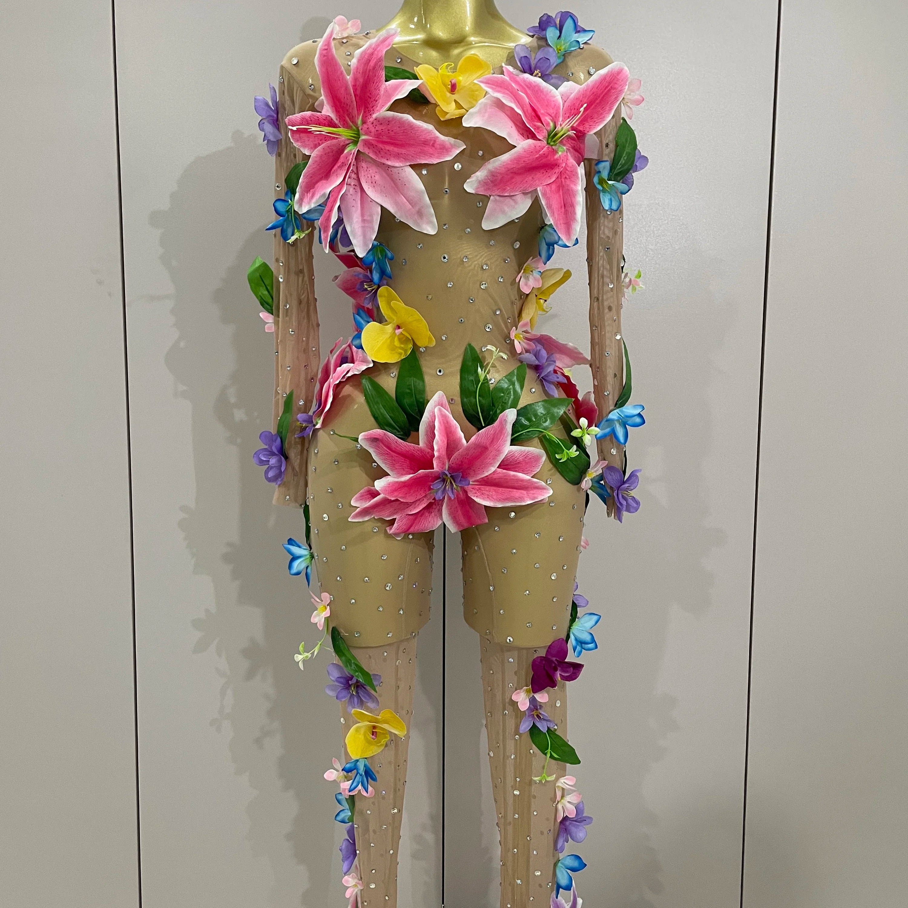 2025Sparkly Rhinestones 3D Flower Nude Mesh Transparent Jumpsut Women Evening Party Birthday Nightclub Performance Stage Costume MULTI