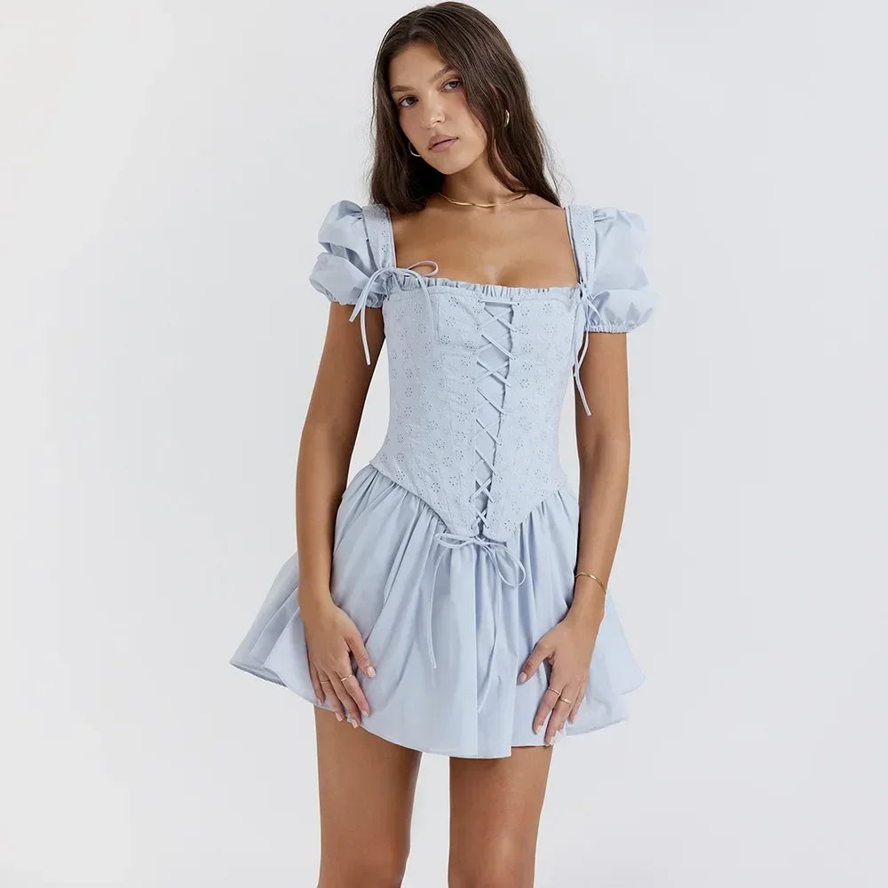 Suninheart Summer Blue Puff Sleeve Corset Dress Mini Elegant A Line Lace Up Holiday Party Dress Square Neck Women Dress 2023 corset dress blue