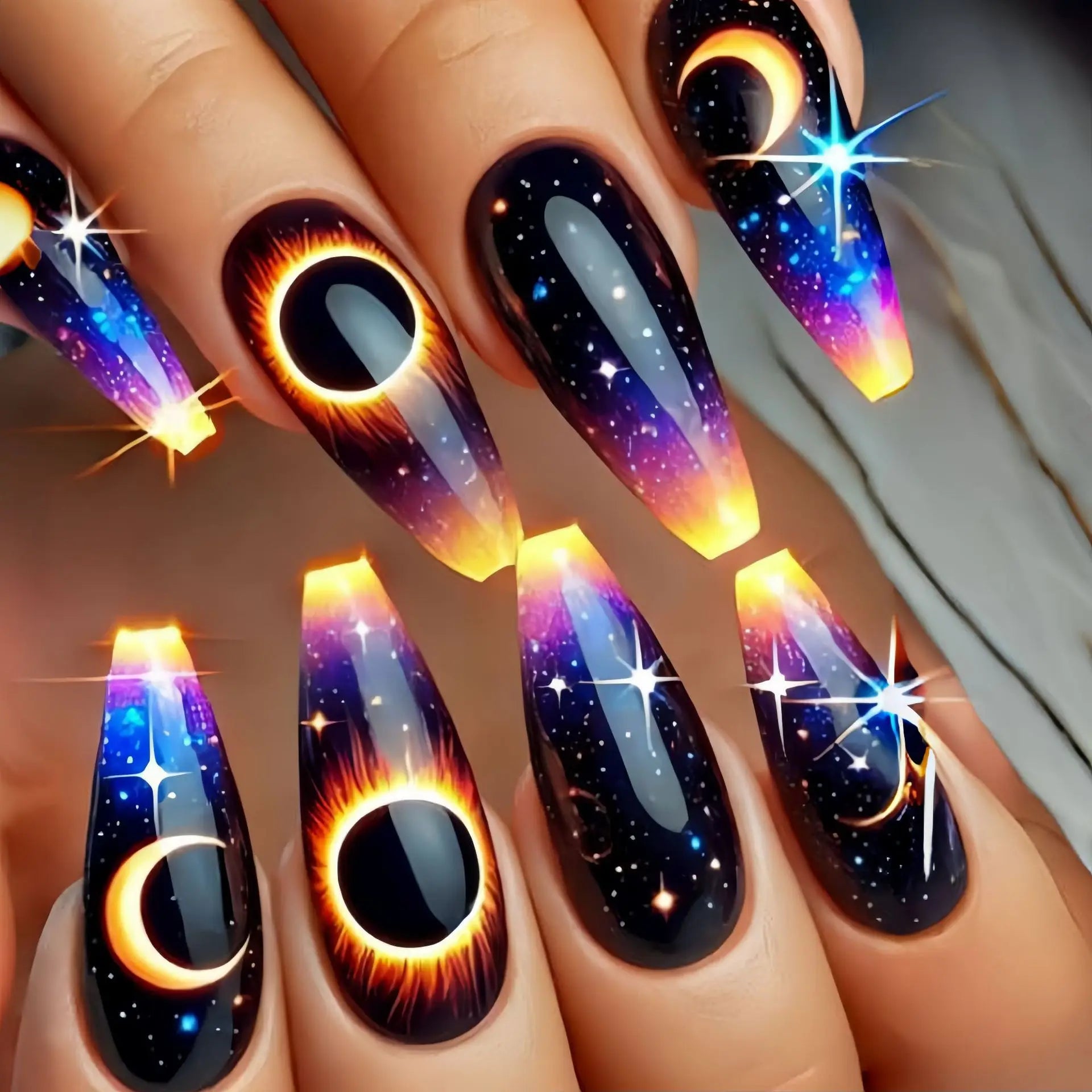 Medium fake nails for women gilrs gradient blue pink starry sky star moon Y2K design Almond nail tips press on false nail set 2249