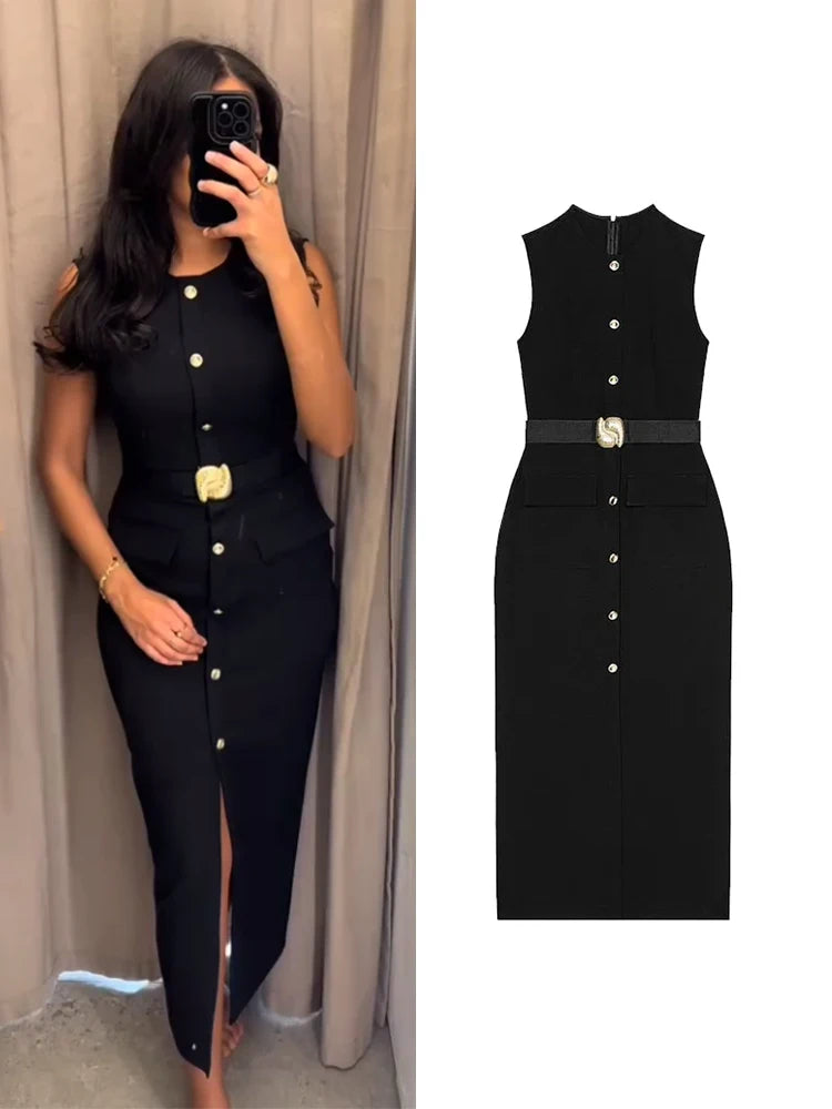 Elegant Split Women 's Maxi Dress O-neck Sleeveless Single Breasted Waist Cinching Pocket Female Dressess Summer Lady Vestidos