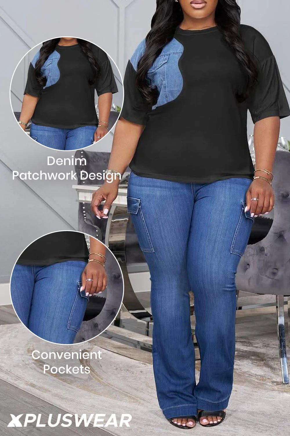 Plus Size Business Casual Black Round Neck Short Sleeve Pocket Denim Two Piece Pant Sets