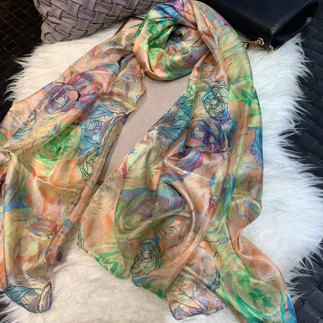 Ladies Green 100% Silk Scarf Shawl Winter Rose Design Women Pure Silk Scarves Wraps Fashion Beach Shawl Cover Ups Pink Scarf green roses