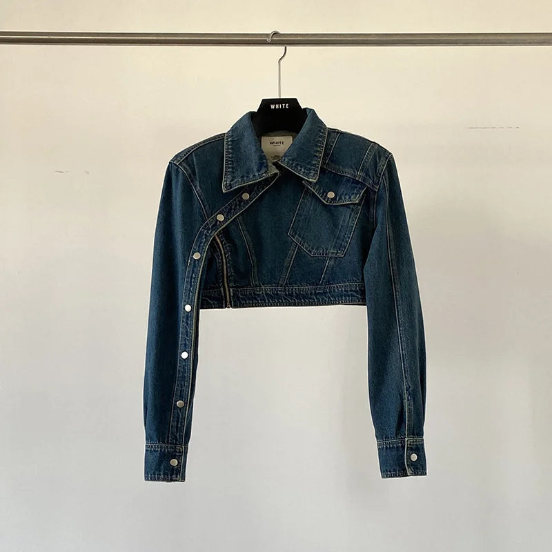 DEAT Fashion Women's Denim Jackets Lapel Retro Deconstruction Asymmetry Zipper Long Sleeve Short Coat Winter New 29L1194 Navy Blue