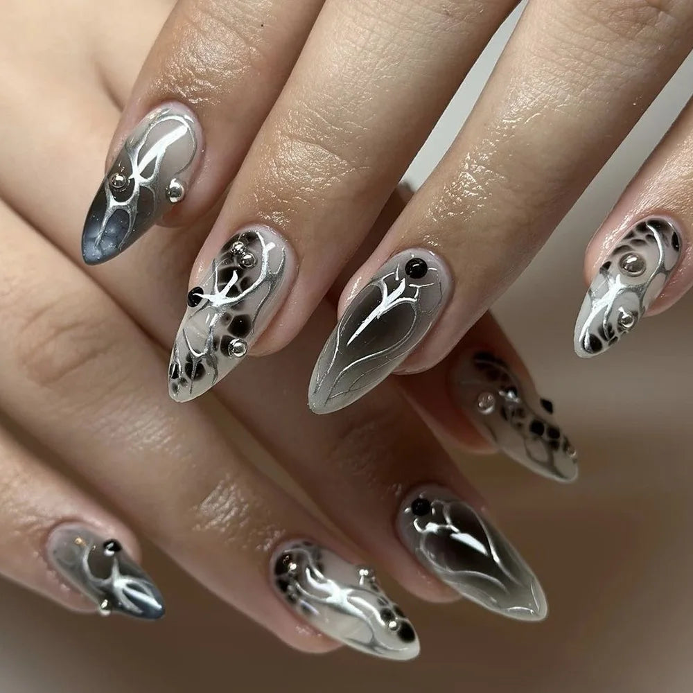 24pcs Y2K Fake Nails Black Blush Almond False Nail Patch Sliver Flame Printed Full Finished Wearable Press on Nail for Women 1