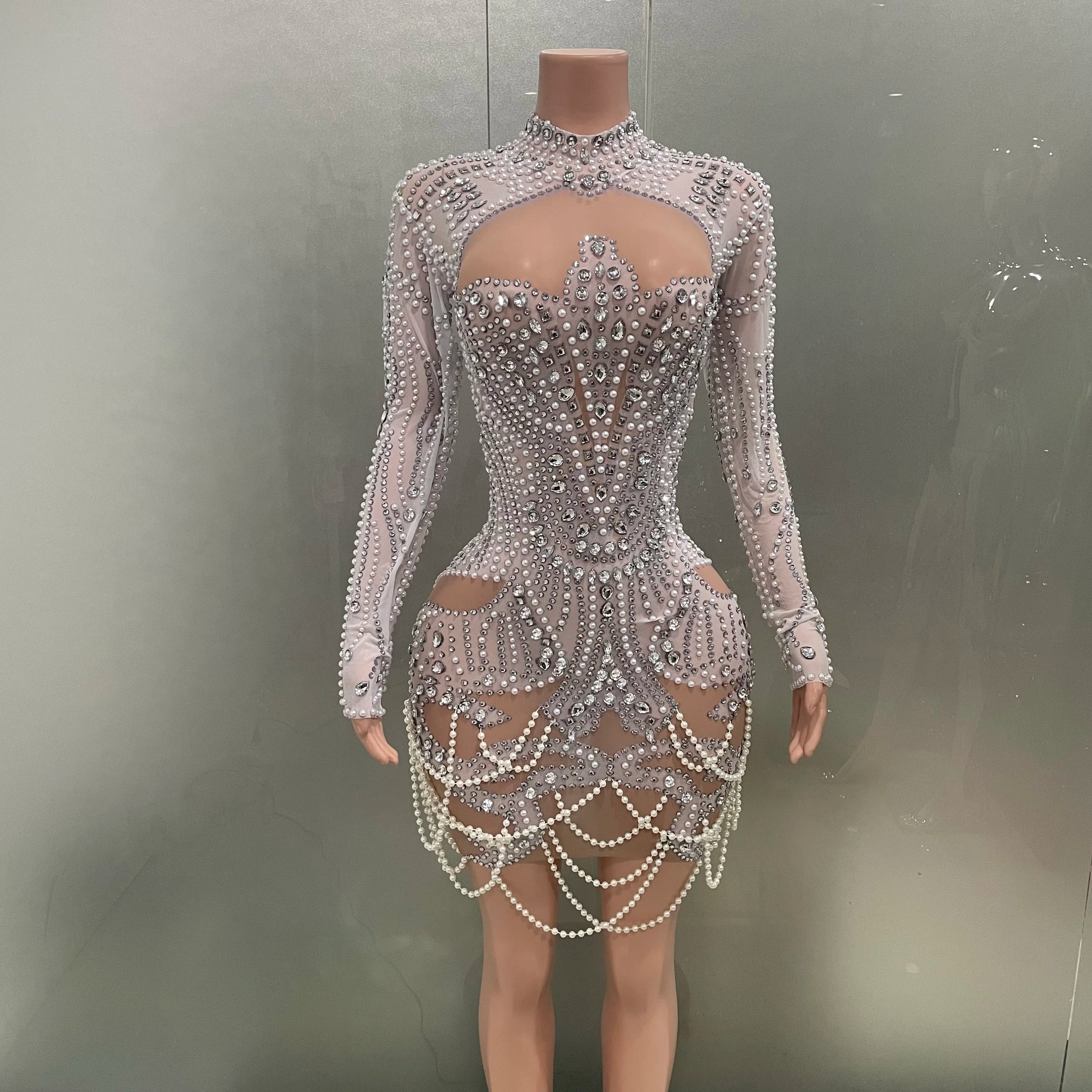 STOCK White Color Women Long Sleeve Sexy Mesh Beading Bodycon Mini Dress High Stretch Celebrate Birthday Party Dress WHITE