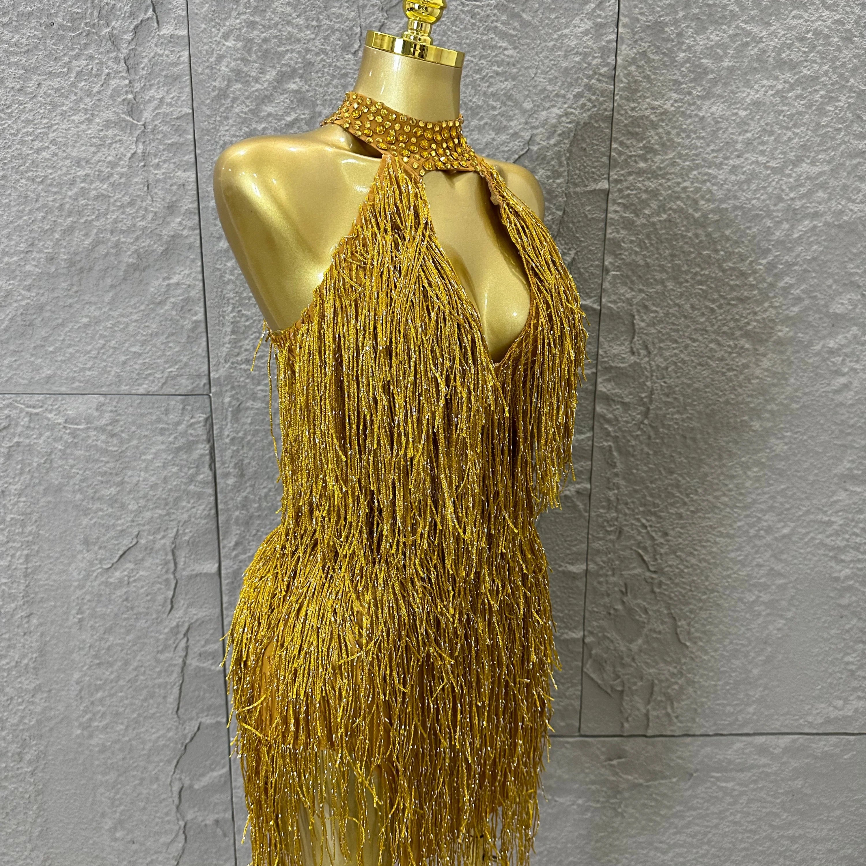 Luxury Gold Halter Neck Mini Dress Women Sexy Crystal Embellished Fringe Trim Form-Fitting Outfit Formal Event Party Costume