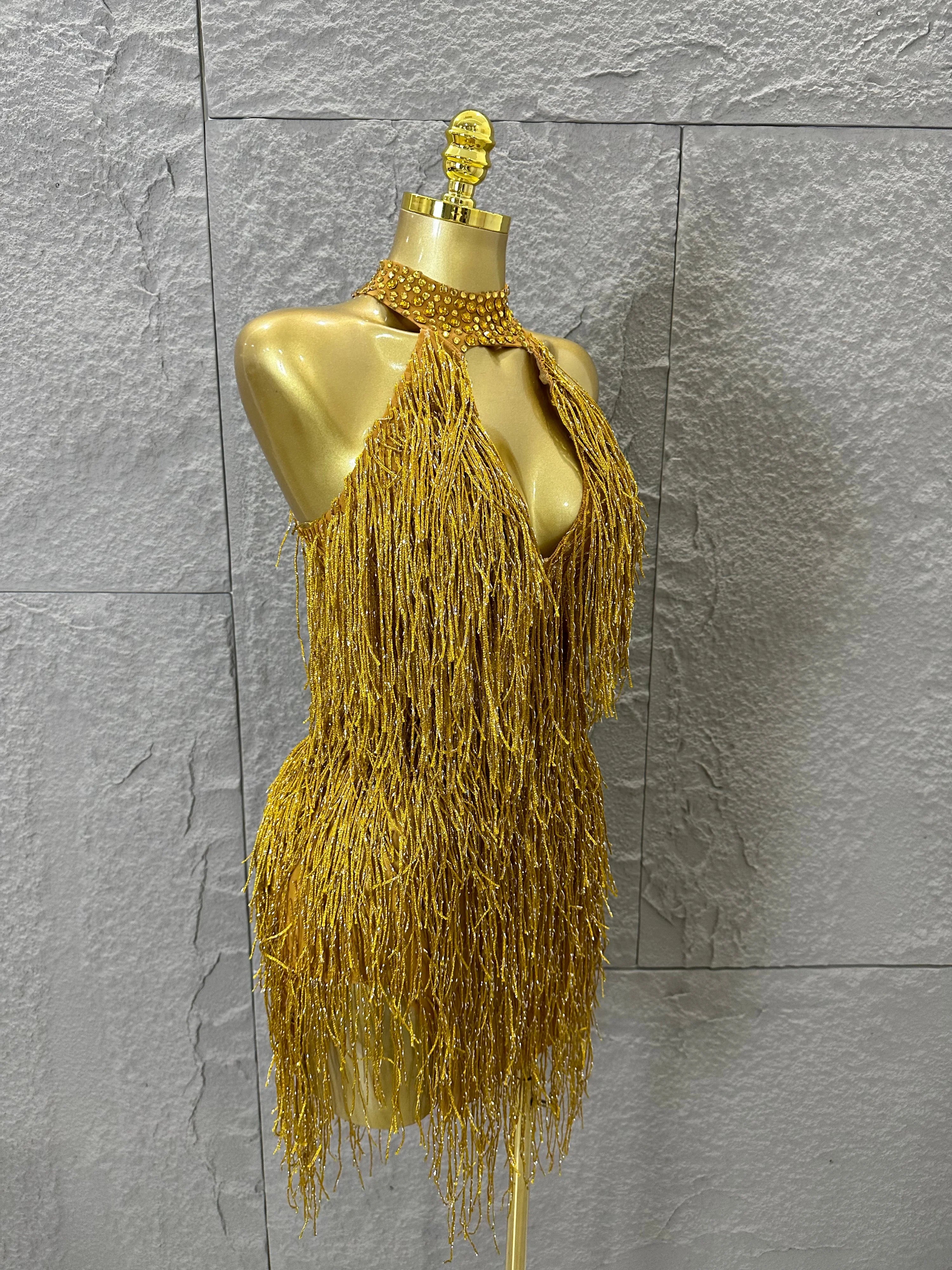 Luxury Gold Halter Neck Mini Dress Women Sexy Crystal Embellished Fringe Trim Form-Fitting Outfit Formal Event Party Costume
