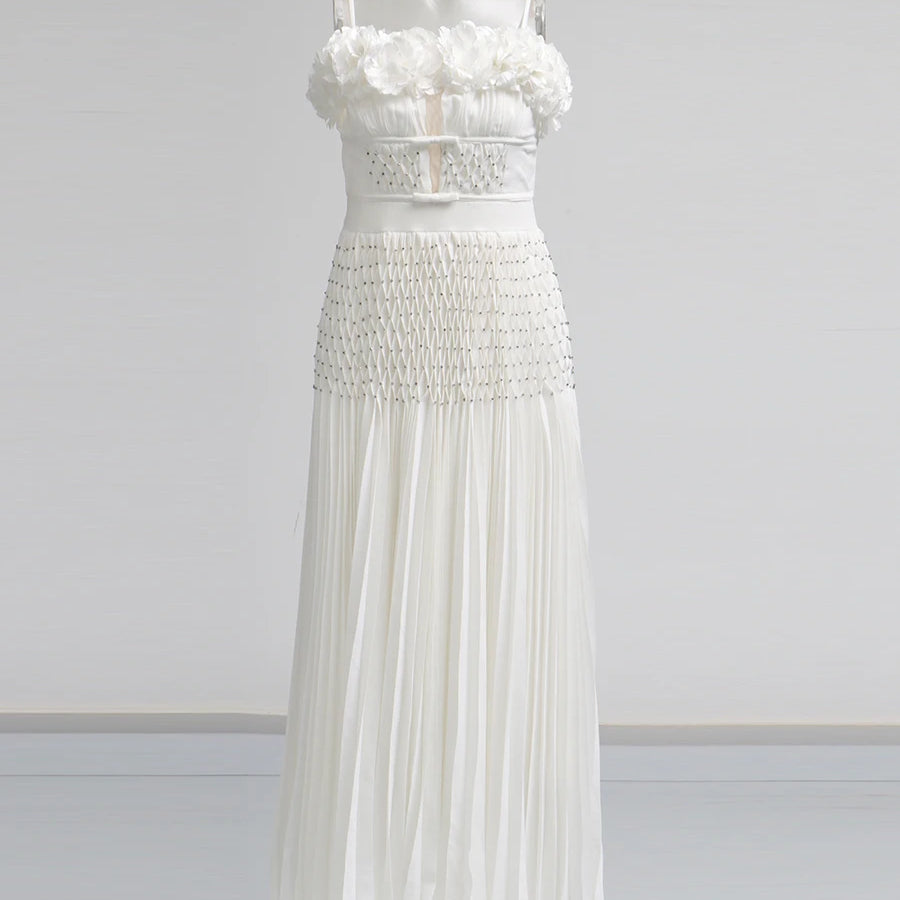 Solid Spliced Appliques Elegant Dresses for Women Deep V Neck Sleeveless Patchwork Folds Dress Female Fashion New WHITE