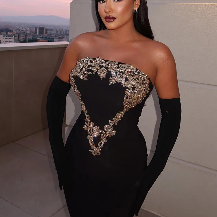 Glamorous Black Strapless Mermaid Dress with Crystal Embellishments for Gala Events Evening Gown