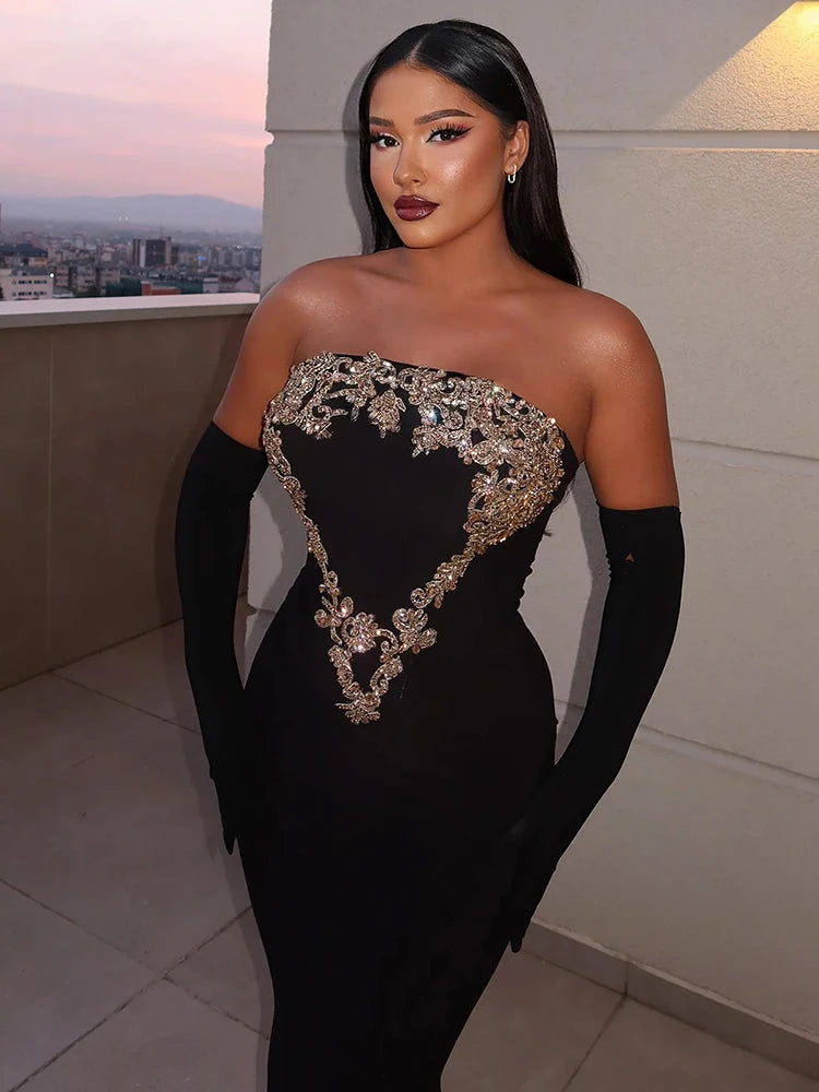 Glamorous Black Strapless Mermaid Dress with Crystal Embellishments for Gala Events Evening Gown