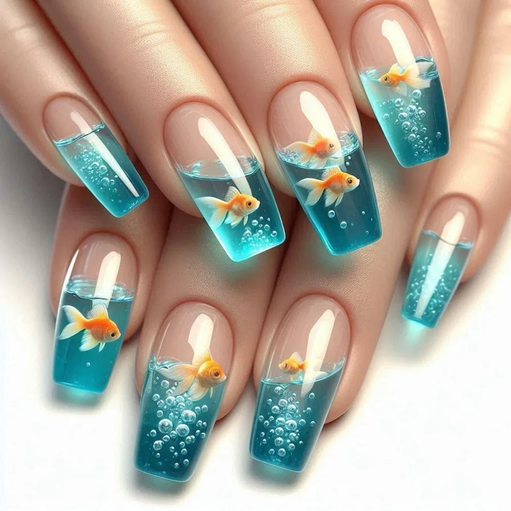 24pcs/set Medium long fake nails Gradient blue ocean fish sun flowers butterfly square ballet summer tips press on false nail 2369