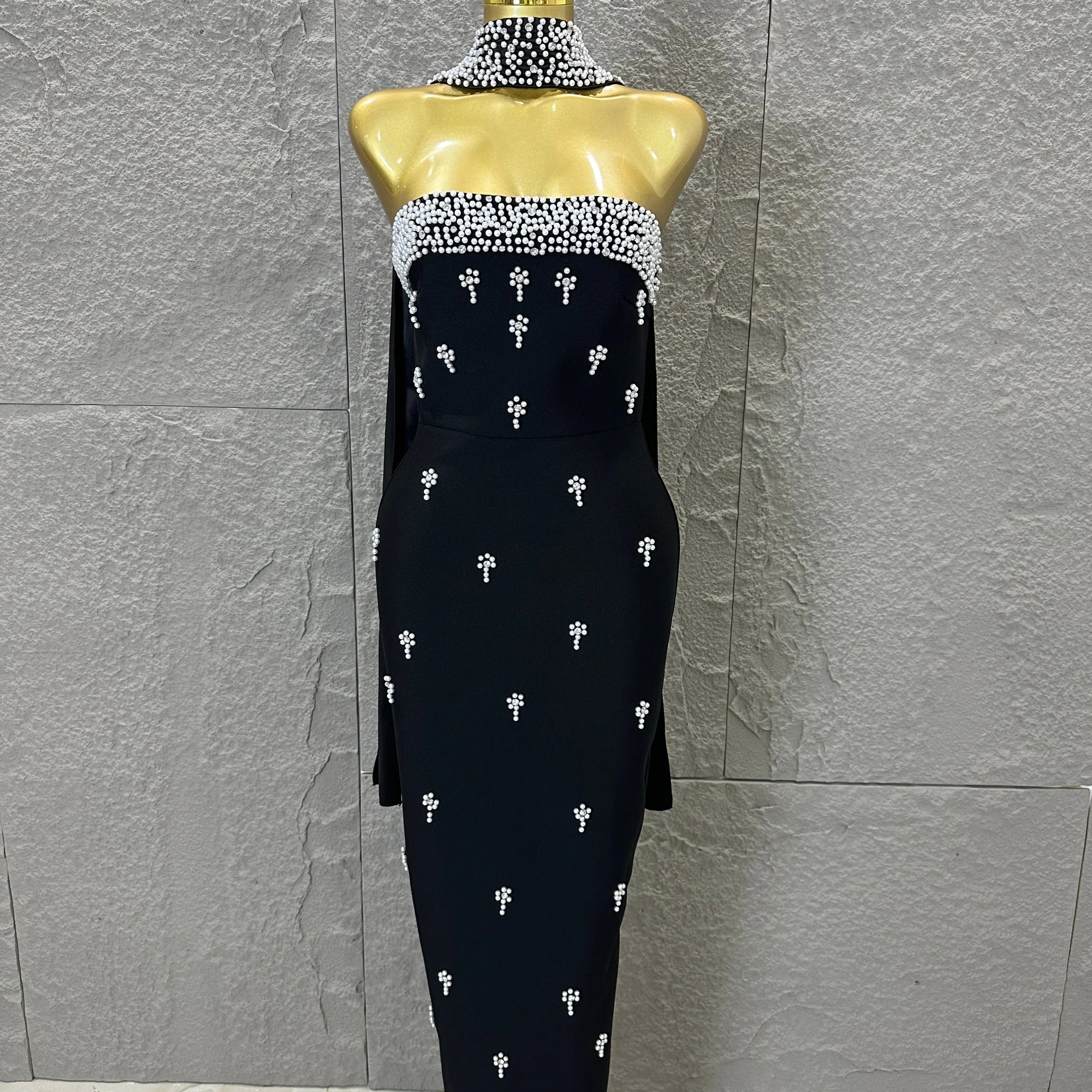 Sexy Black Pearl Studded Maxi Dress Halter Cape Bandage Bodycon Stage Birthday Party Nightclub Celebrate Photo Shoot Out black