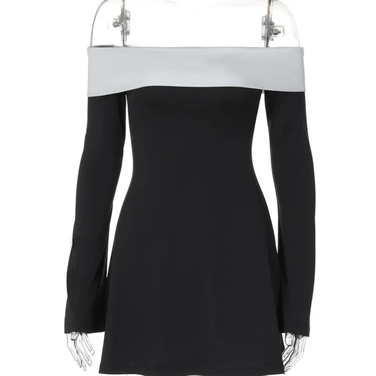Off-shoulder Long Sleeve Mini Dress For Women Autumn Winter New Patchwork Strapless Backless A-line Sexy Dress Elegant