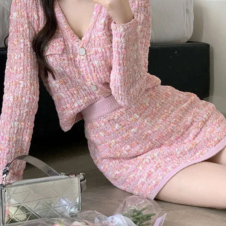 Two Piece Dress Set Sweet Cardigan Sweater + Slim Skirt Pink Elegant Y2k Mini Dress 2022 Autumn Office Lady Casual Knitted Suits