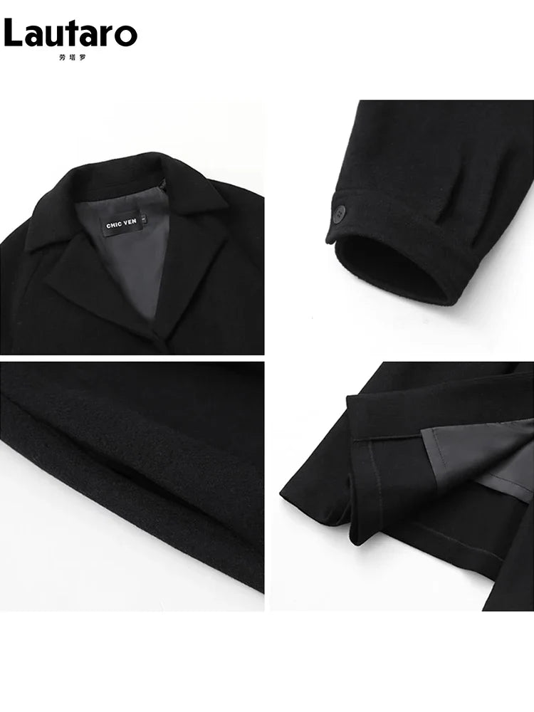 Autumn Winter Long Flowy Luxury Vintage Black Warm Thick Woolen Coat Women Luxury Designer Fake 2 Pieces Clothes 2023