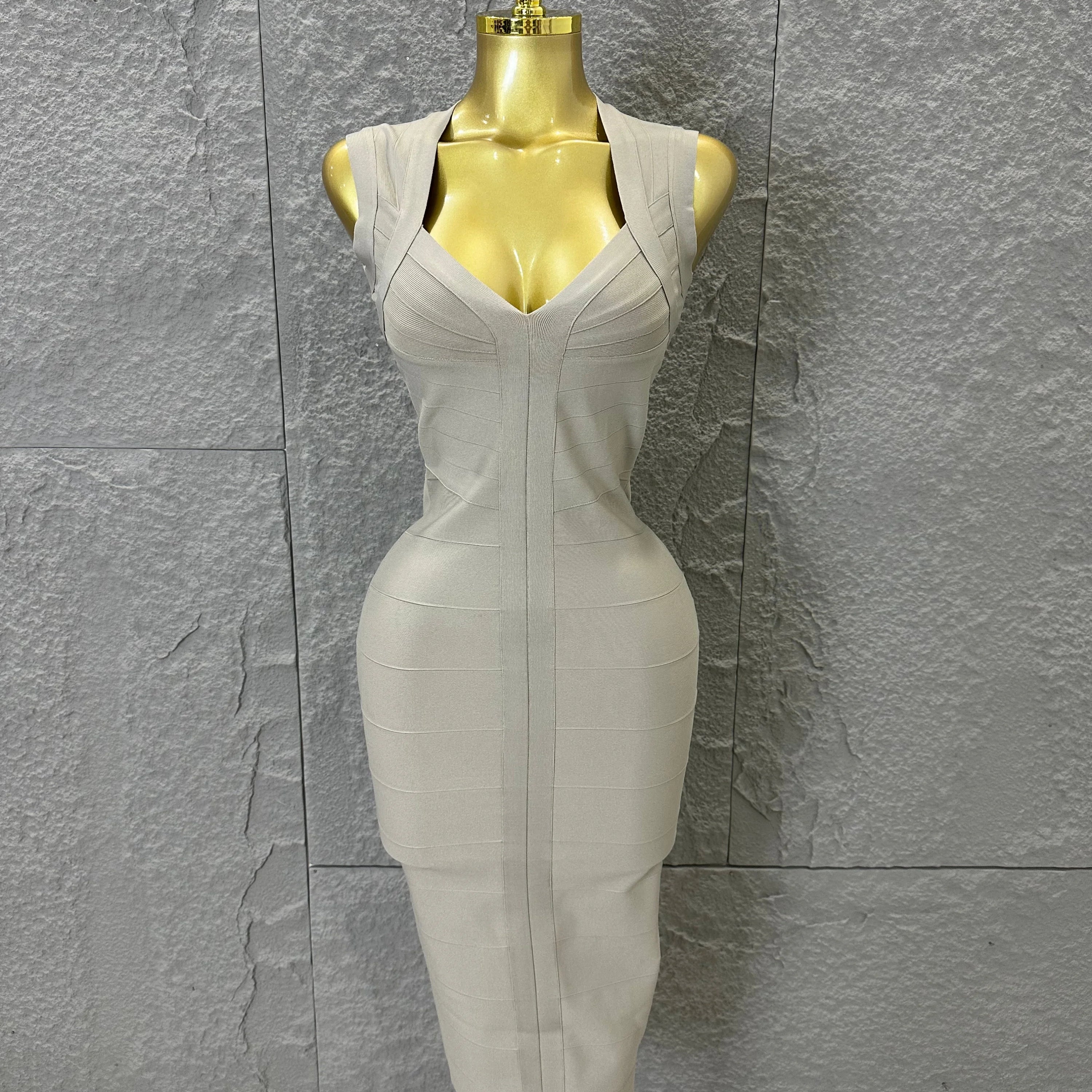 2026 Elegant Beige Bandage Midi Dress Women Sleeveless Deep V Neck Bodycon Cocktail Party Evening Gown Formal Event Wear Khaki