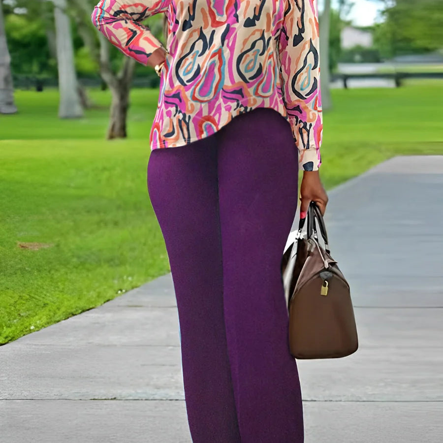 LW Plus Size V Neck Mixed Print Side Split Pants Set Casual Long Sleeve Top Fashion Loose Two Piece Set Outfit MULTI