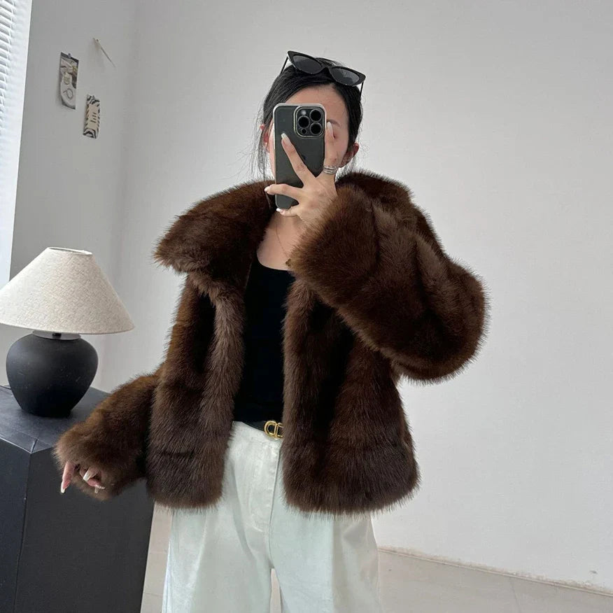 Brown Women Faux Sable Fur Jacket Oversized Lapel Long Sleeve Warm Fluffy Coats Winter Female Loose Streetwear Outwears