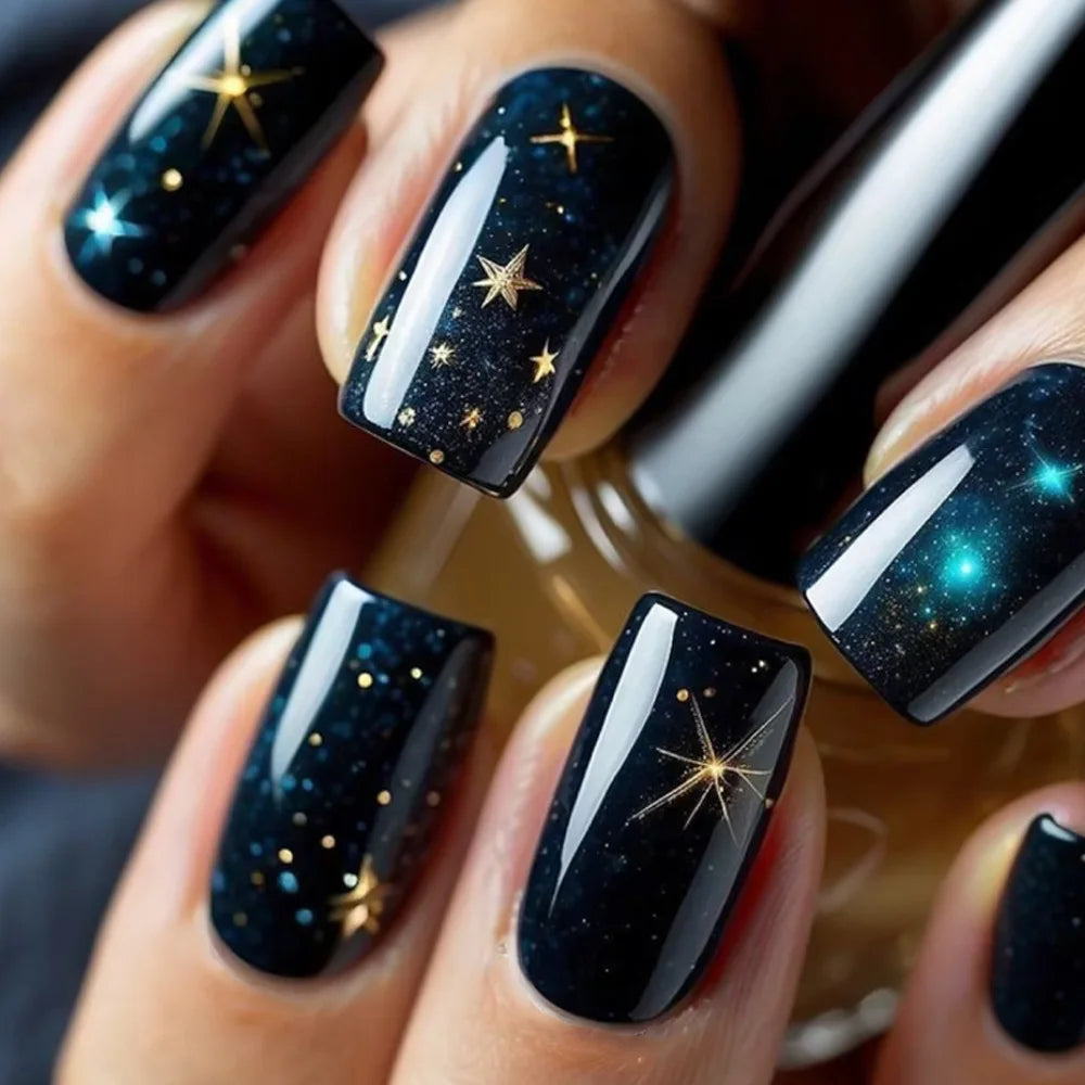 Shiny Blue Fake Nails 24Pcs Short Square Press On Nails Sparkly Gold Star Designs Reusable Acrylic False Nails Tips for Woman Y5