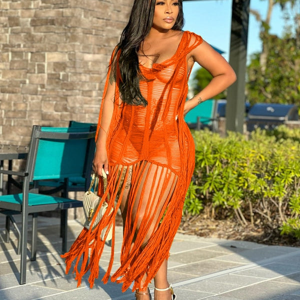 Sexy Crochet Knit Rib Tassel Mini Dress for Women Summer 2024 Fashion Sleeveless See Through Club Party Dresses Beach Wear Robe