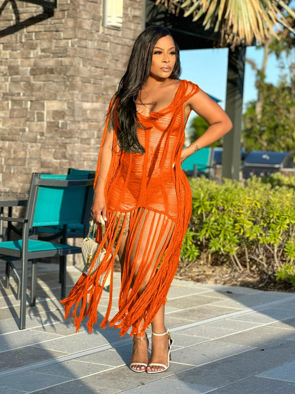 Sexy Crochet Knit Rib Tassel Mini Dress for Women Summer 2024 Fashion Sleeveless See Through Club Party Dresses Beach Wear Robe