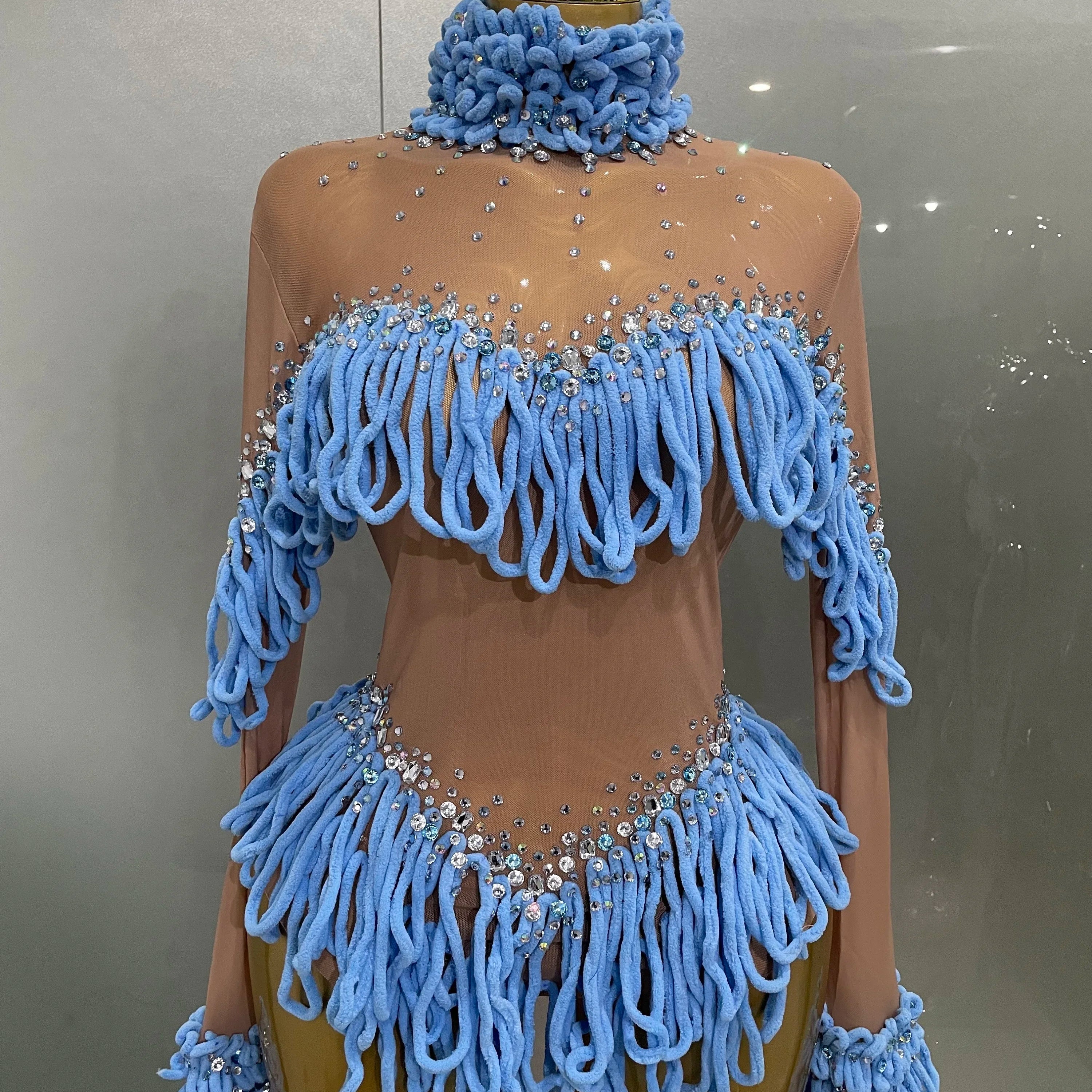 2025 New Women Shining Rhinestones Sexy Mesh Tassels Bodysuit Birthday Party Club Performance Dance DJ Leotard Show Stage Wear SKY BLUE