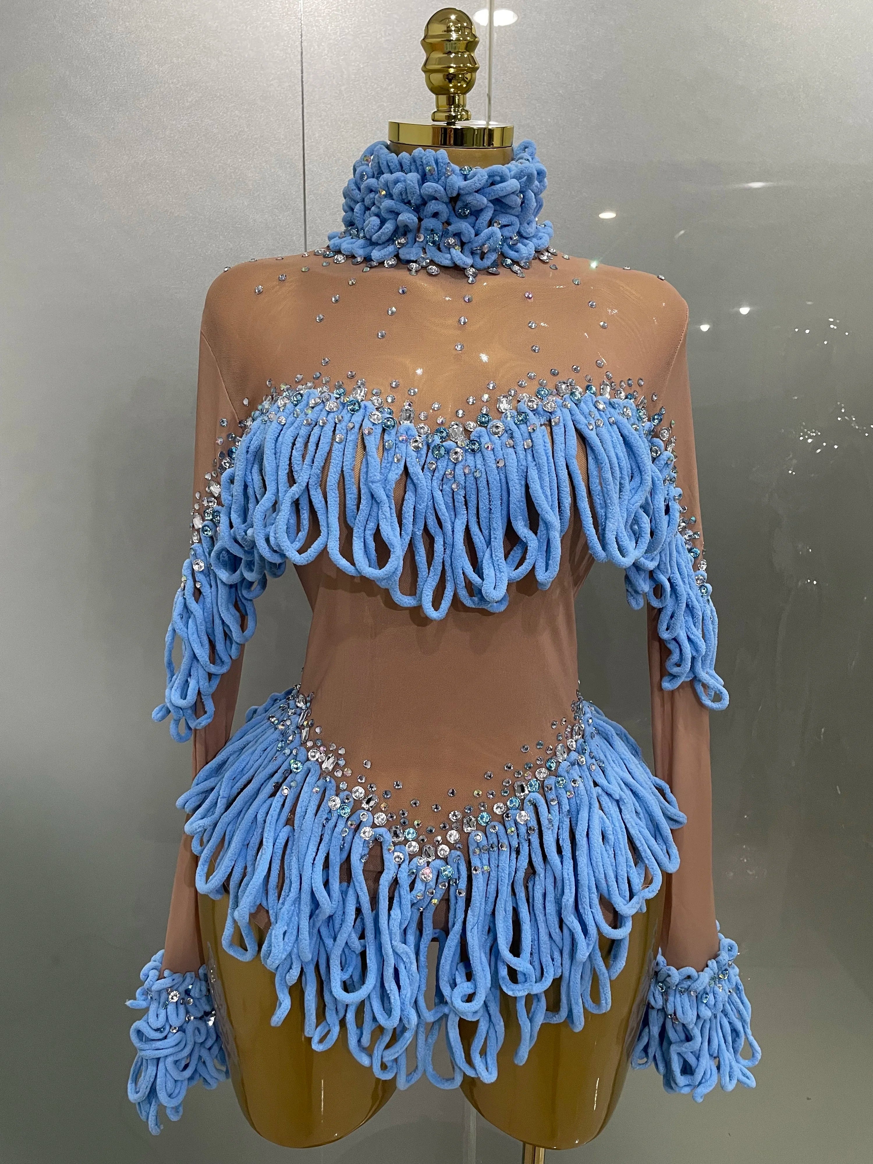 2025 New Women Shining Rhinestones Sexy Mesh Tassels Bodysuit Birthday Party Club Performance Dance DJ Leotard Show Stage Wear SKY BLUE