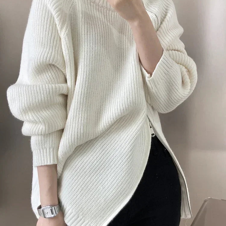 Women's Turtleneck Zipper Oversize Fashion Women Sweaters Autumn Knitwears Loose Thick Warm High Neck Solid Pullovers Women WHITE