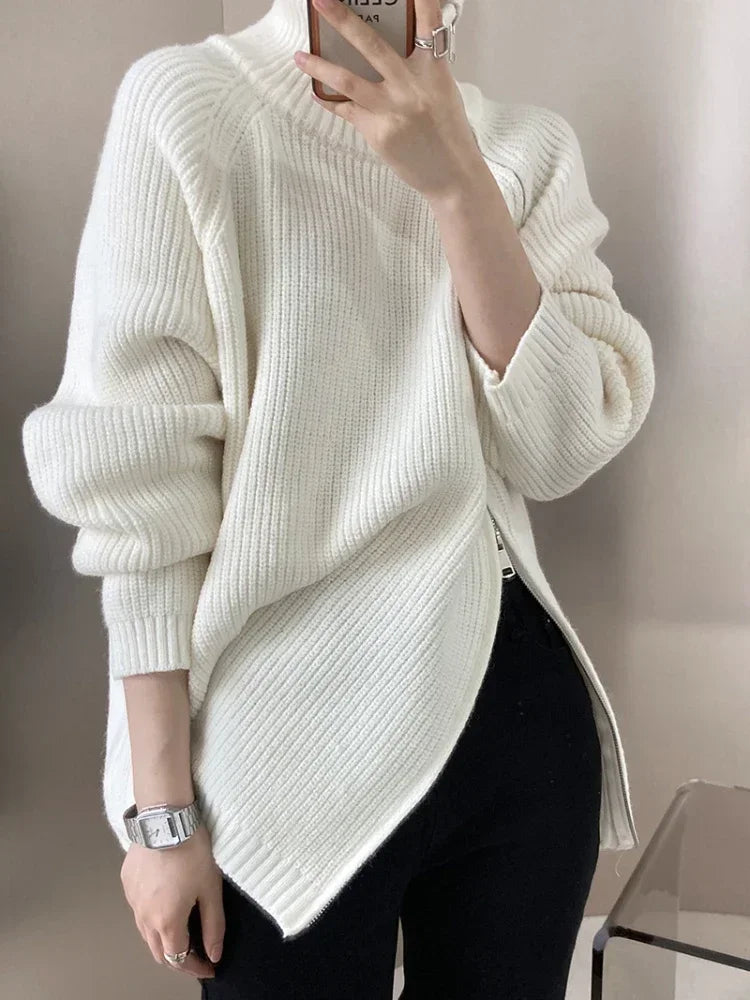 Women's Turtleneck Zipper Oversize Fashion Women Sweaters Autumn Knitwears Loose Thick Warm High Neck Solid Pullovers Women WHITE